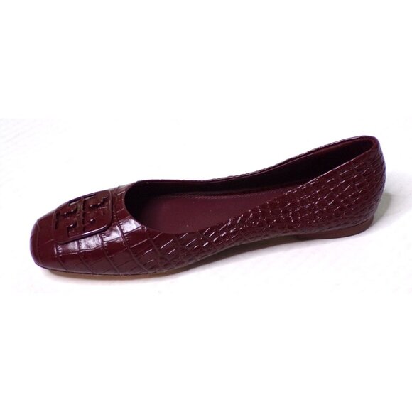 TORY BURCH Croc Embossed Logo Ballet Flats Shoes Claret 8 - Picture 8 of 10